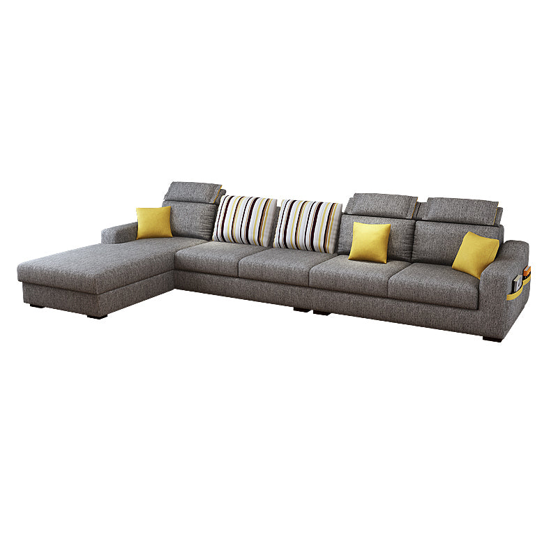 Grey Contemporary Sloped Arm Sofa with Bolster Pillows for Living Room 134"L x 63"W x 37"H Linen Clearhalo 'furn' 'furn_sectionals' 'Furniture' 'furniture_sectionals' 'kitchen' 'kitchen_sectionals' 'Living Room Furniture' 'Sectionals' 4773511
