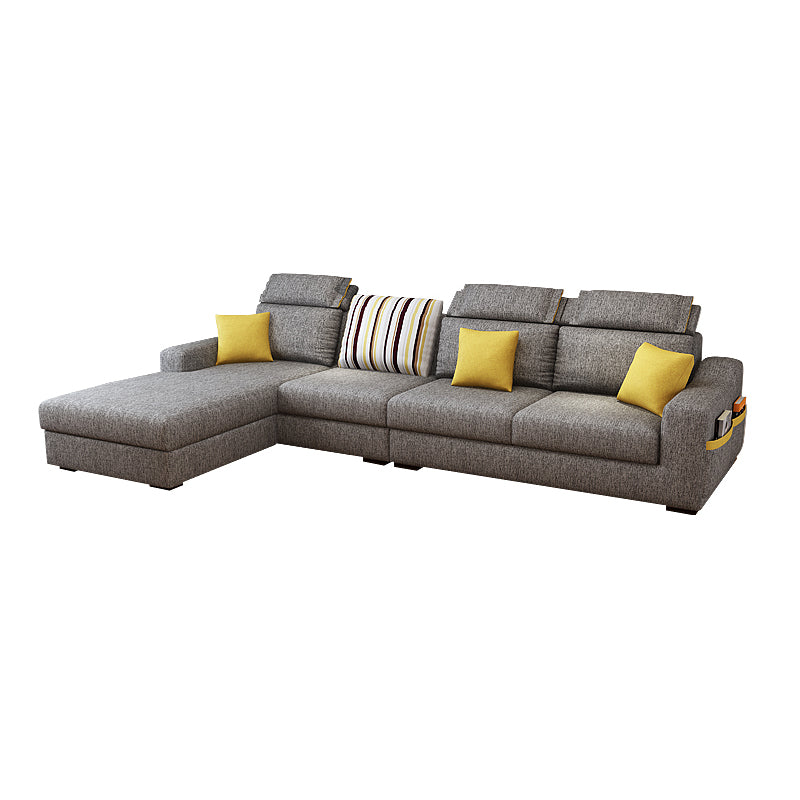 Grey Contemporary Sloped Arm Sofa with Bolster Pillows for Living Room 110"L x 63"W x 37"H Linen Sponge Clearhalo 'furn' 'furn_sectionals' 'Furniture' 'furniture_sectionals' 'kitchen' 'kitchen_sectionals' 'Living Room Furniture' 'Sectionals' 4773513