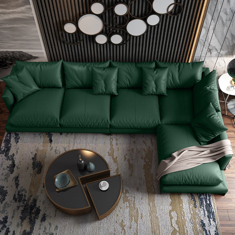 Forest Green Genuine Leather Square Arm Settee Furniture with Pillows Clearhalo 'furn' 'furn_sectionals' 'Furniture' 'furniture_sectionals' 'kitchen' 'kitchen_sectionals' 'Living Room Furniture' 'Sectionals' 4773590