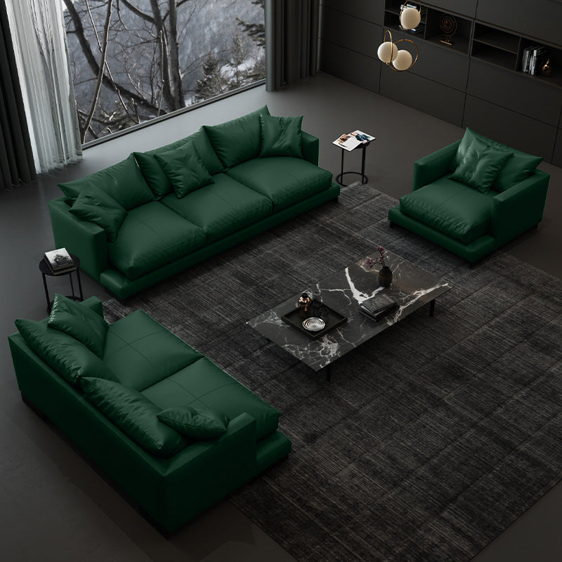 Forest Green Genuine Leather Square Arm Settee Furniture with Pillows Clearhalo 'furn' 'furn_sectionals' 'Furniture' 'furniture_sectionals' 'kitchen' 'kitchen_sectionals' 'Living Room Furniture' 'Sectionals' 4773591