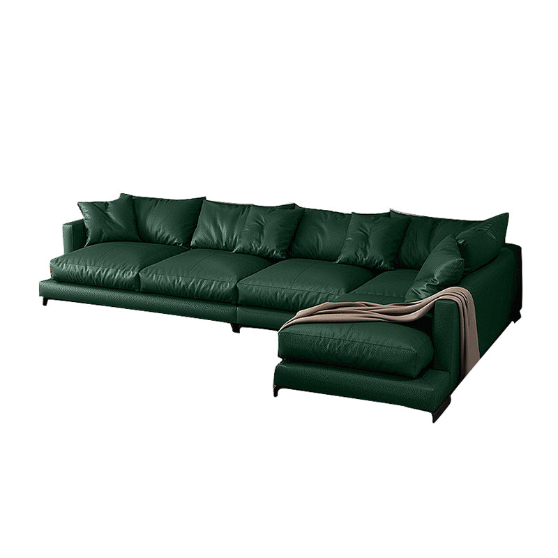 Forest Green Genuine Leather Square Arm Settee Furniture with Pillows 112"L x 71"W x 37"H Sponge Clearhalo 'furn' 'furn_sectionals' 'Furniture' 'furniture_sectionals' 'kitchen' 'kitchen_sectionals' 'Living Room Furniture' 'Sectionals' 4773597