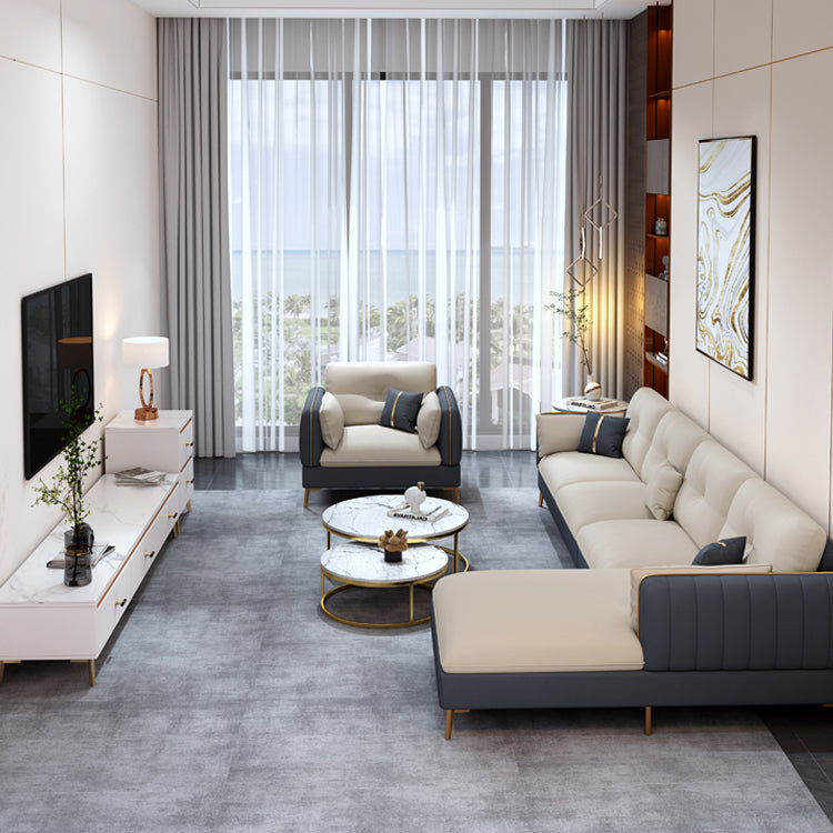 Beige Contemporary Faux Leather Sofa with Recessed Arm 30.7" Clearhalo 'furn' 'furn_sectionals' 'Furniture' 'furniture_sectionals' 'kitchen' 'kitchen_sectionals' 'Living Room Furniture' 'Sectionals' 4773627