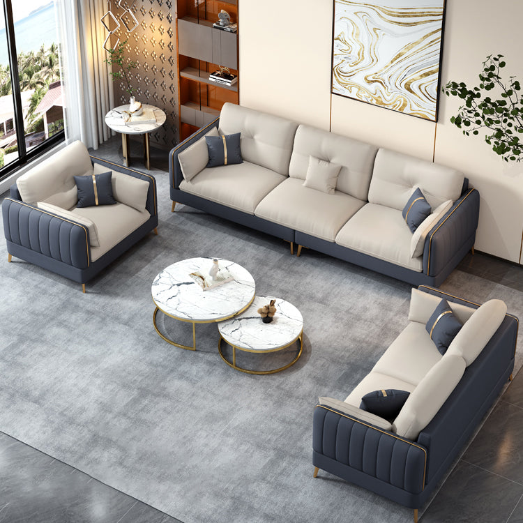 Beige Contemporary Faux Leather Sofa with Recessed Arm 30.7" Clearhalo 'furn' 'furn_sectionals' 'Furniture' 'furniture_sectionals' 'kitchen' 'kitchen_sectionals' 'Living Room Furniture' 'Sectionals' 4773628