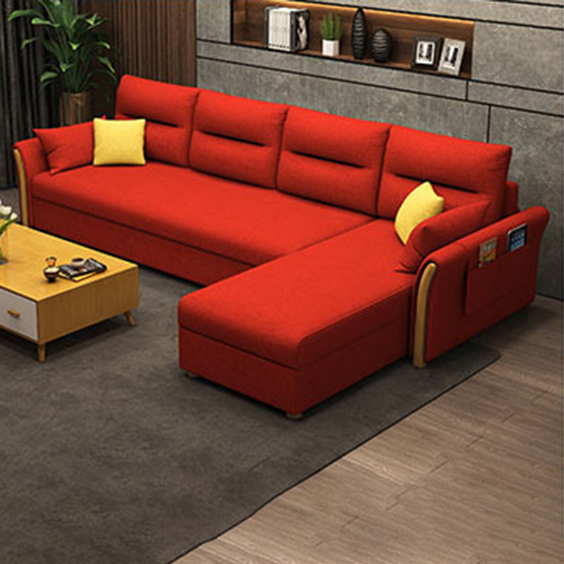 Modern Convertible Futon Sofa Bed 4-seater Settee Furniture with Bolster Pillows Cotton Blend Red Clearhalo 'furn' 'furn_sectionals' 'Furniture' 'furniture_sectionals' 'kitchen' 'kitchen_sectionals' 'Living Room Furniture' 'Sectionals' 4773637