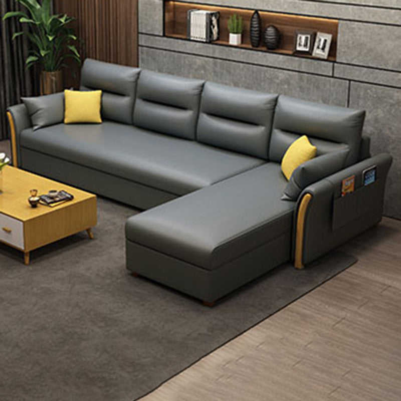 Modern Convertible Futon Sofa Bed 4-seater Settee Furniture with Bolster Pillows Faux Leather Gray Clearhalo 'furn' 'furn_sectionals' 'Furniture' 'furniture_sectionals' 'kitchen' 'kitchen_sectionals' 'Living Room Furniture' 'Sectionals' 4773639