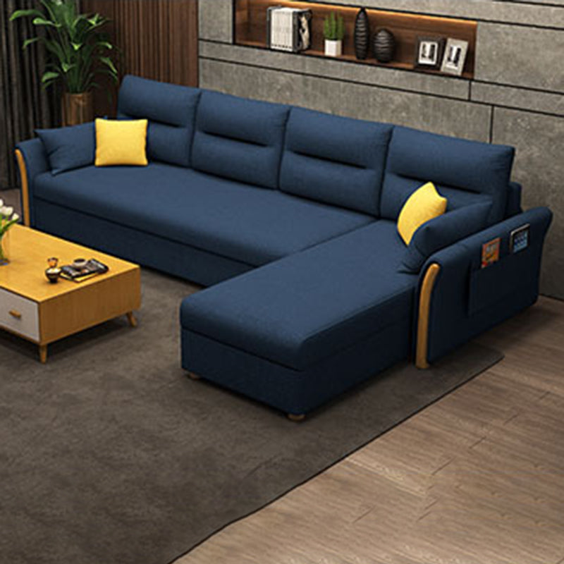 Modern Convertible Futon Sofa Bed 4-seater Settee Furniture with Bolster Pillows Cotton Blend Dark Blue Clearhalo 'furn' 'furn_sectionals' 'Furniture' 'furniture_sectionals' 'kitchen' 'kitchen_sectionals' 'Living Room Furniture' 'Sectionals' 4773640