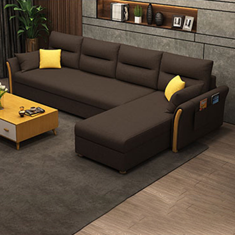 Modern Convertible Futon Sofa Bed 4-seater Settee Furniture with Bolster Pillows Cotton Blend Dark Brown Clearhalo 'furn' 'furn_sectionals' 'Furniture' 'furniture_sectionals' 'kitchen' 'kitchen_sectionals' 'Living Room Furniture' 'Sectionals' 4773642