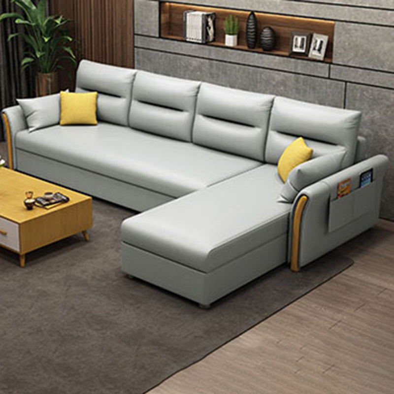Modern Convertible Futon Sofa Bed 4-seater Settee Furniture with Bolster Pillows Faux Leather Silver Clearhalo 'furn' 'furn_sectionals' 'Furniture' 'furniture_sectionals' 'kitchen' 'kitchen_sectionals' 'Living Room Furniture' 'Sectionals' 4773645
