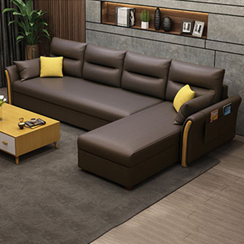 Modern Convertible Futon Sofa Bed 4-seater Settee Furniture with Bolster Pillows Faux Leather Dark Brown Clearhalo 'furn' 'furn_sectionals' 'Furniture' 'furniture_sectionals' 'kitchen' 'kitchen_sectionals' 'Living Room Furniture' 'Sectionals' 4773646