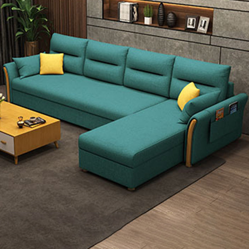 Modern Convertible Futon Sofa Bed 4-seater Settee Furniture with Bolster Pillows Cotton Blend Turquoise Clearhalo 'furn' 'furn_sectionals' 'Furniture' 'furniture_sectionals' 'kitchen' 'kitchen_sectionals' 'Living Room Furniture' 'Sectionals' 4773648