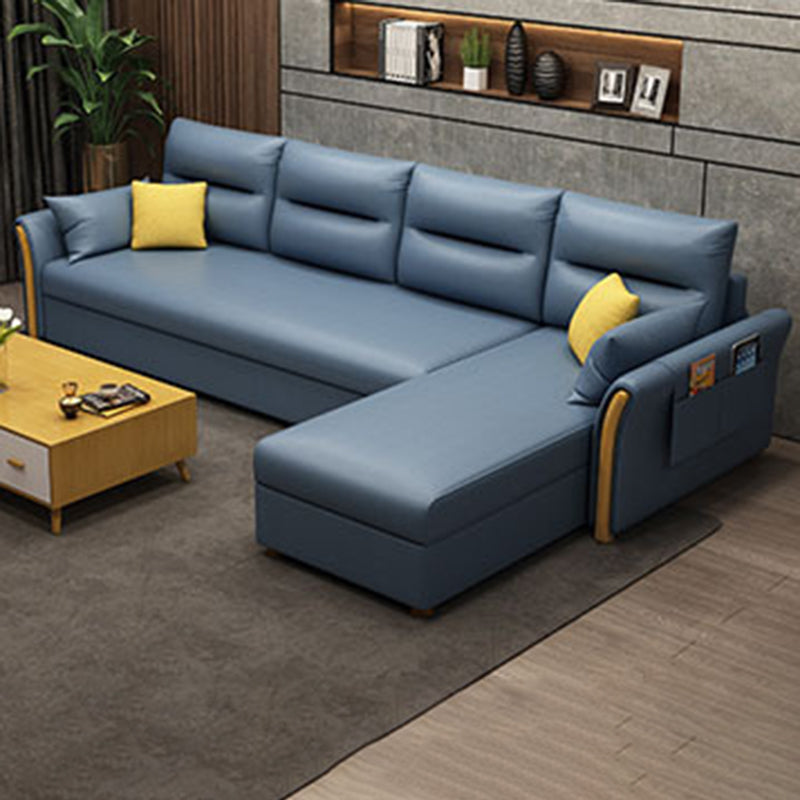 Modern Convertible Futon Sofa Bed 4-seater Settee Furniture with Bolster Pillows Faux Leather Blue Clearhalo 'furn' 'furn_sectionals' 'Furniture' 'furniture_sectionals' 'kitchen' 'kitchen_sectionals' 'Living Room Furniture' 'Sectionals' 4773650