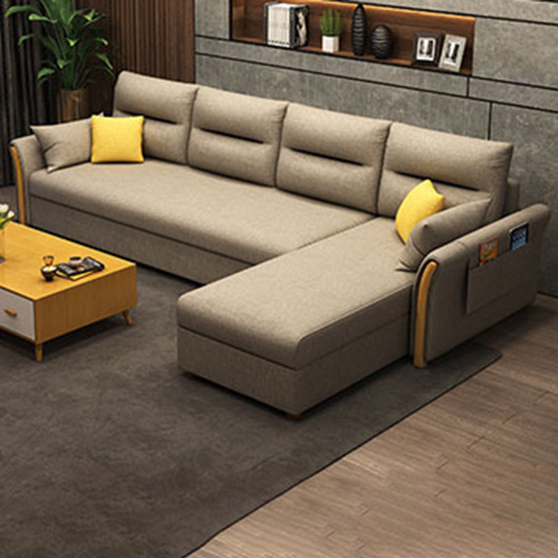 Modern Convertible Futon Sofa Bed 4-seater Settee Furniture with Bolster Pillows Cotton Blend Brown Clearhalo 'furn' 'furn_sectionals' 'Furniture' 'furniture_sectionals' 'kitchen' 'kitchen_sectionals' 'Living Room Furniture' 'Sectionals' 4773654