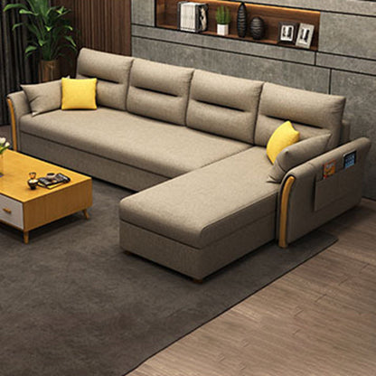 Modern Convertible Futon Sofa Bed 4-seater Settee Furniture with Bolster Pillows Cotton Blend Brown Clearhalo 'furn' 'furn_sectionals' 'Furniture' 'furniture_sectionals' 'kitchen' 'kitchen_sectionals' 'Living Room Furniture' 'Sectionals' 4773654