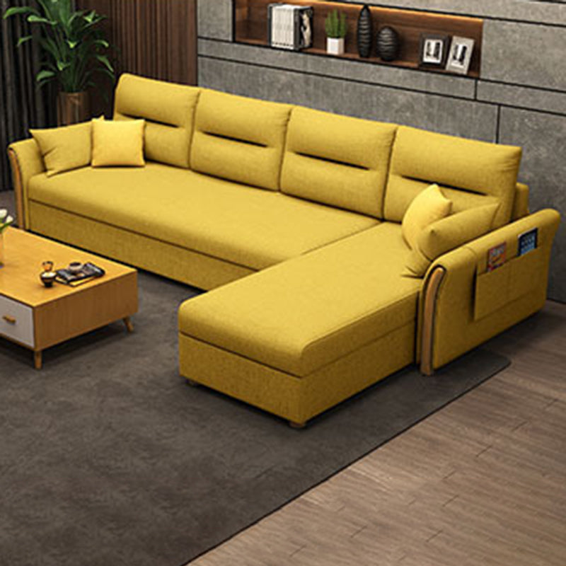 Modern Convertible Futon Sofa Bed 4-seater Settee Furniture with Bolster Pillows Cotton Blend Yellow Clearhalo 'furn' 'furn_sectionals' 'Furniture' 'furniture_sectionals' 'kitchen' 'kitchen_sectionals' 'Living Room Furniture' 'Sectionals' 4773655