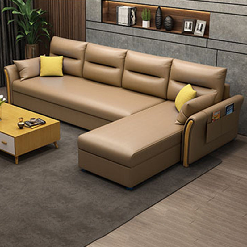 Modern Convertible Futon Sofa Bed 4-seater Settee Furniture with Bolster Pillows Faux Leather Brown Clearhalo 'furn' 'furn_sectionals' 'Furniture' 'furniture_sectionals' 'kitchen' 'kitchen_sectionals' 'Living Room Furniture' 'Sectionals' 4773656