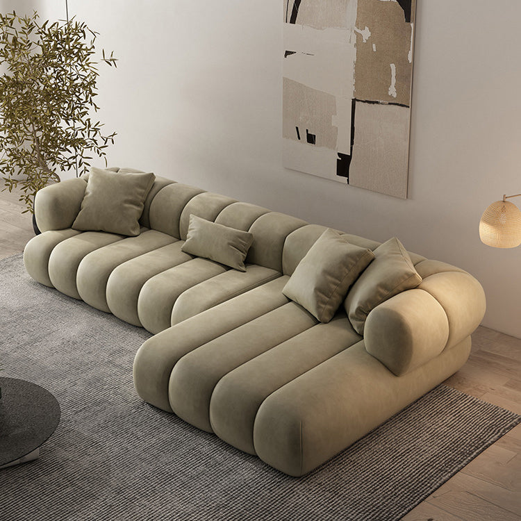 Scandinavian Green Sofa with Tuxedo Arm and Sewn Pillow Back 116"L x 65"W x 26"H Clearhalo 'furn' 'furn_sectionals' 'Furniture' 'furniture_sectionals' 'kitchen' 'kitchen_sectionals' 'Living Room Furniture' 'Sectionals' 4773821