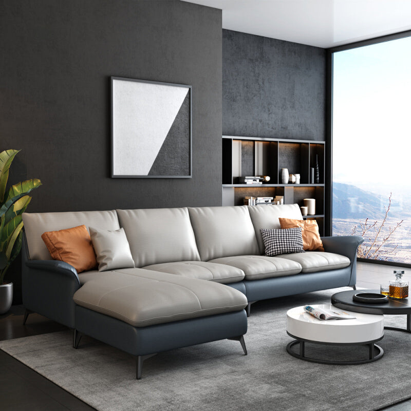 Contemporary Grey Upholstery Sofa with Flared Arm and Faux Leather Gray-Blue Clearhalo 'furn' 'furn_sectionals' 'Furniture' 'furniture_sectionals' 'kitchen' 'kitchen_sectionals' 'Living Room Furniture' 'Sectionals' 4773955