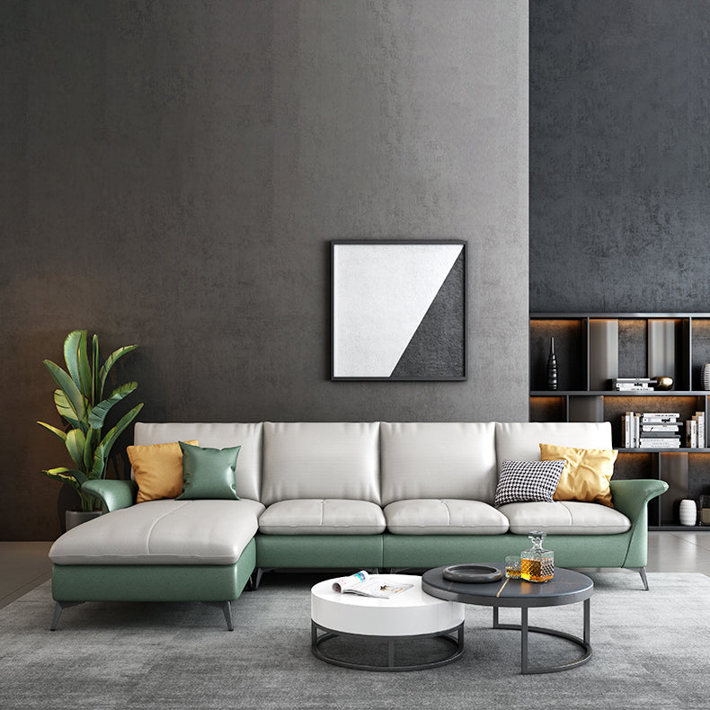 Contemporary Grey Upholstery Sofa with Flared Arm and Faux Leather Clearhalo 'furn' 'furn_sectionals' 'Furniture' 'furniture_sectionals' 'kitchen' 'kitchen_sectionals' 'Living Room Furniture' 'Sectionals' 4773956