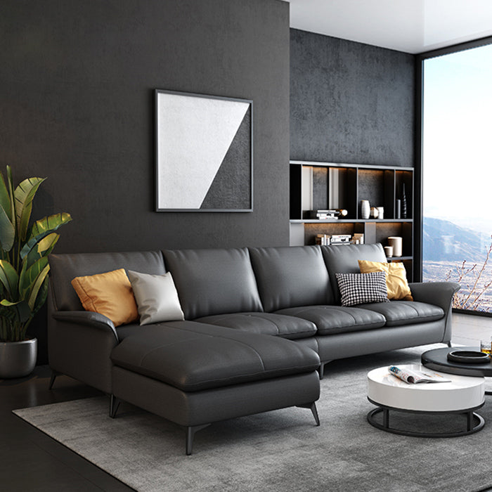 Contemporary Grey Upholstery Sofa with Flared Arm and Faux Leather Dark Gray Clearhalo 'furn' 'furn_sectionals' 'Furniture' 'furniture_sectionals' 'kitchen' 'kitchen_sectionals' 'Living Room Furniture' 'Sectionals' 4773958