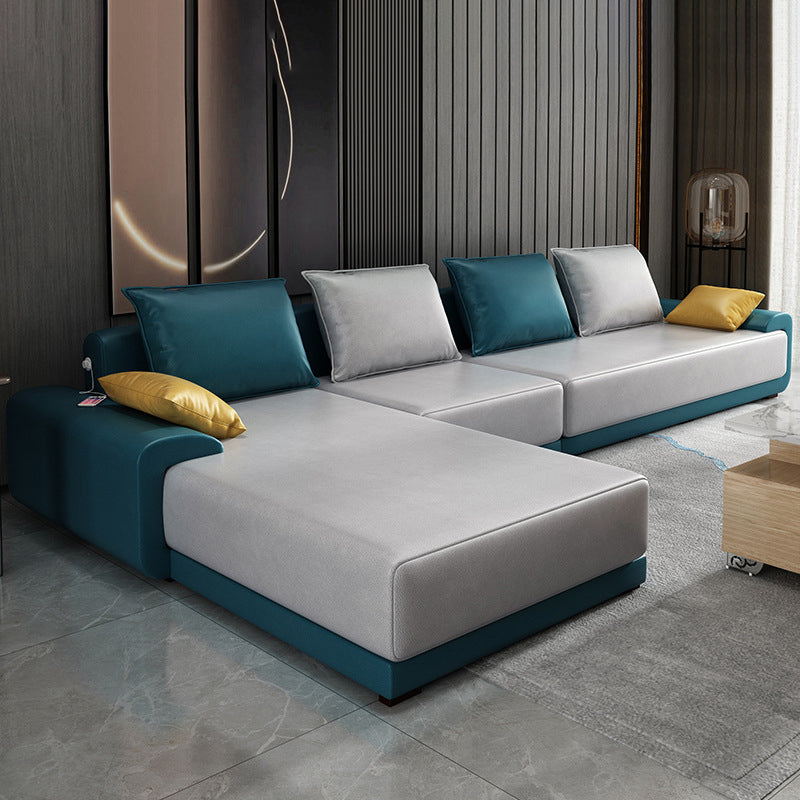 Contemporary Loose Back Removable Cushions Sofa with Reversible Chaise Blue Faux Leather Clearhalo 'furn' 'furn_sectionals' 'Furniture' 'furniture_sectionals' 'kitchen' 'kitchen_sectionals' 'Living Room Furniture' 'Sectionals' 4774114