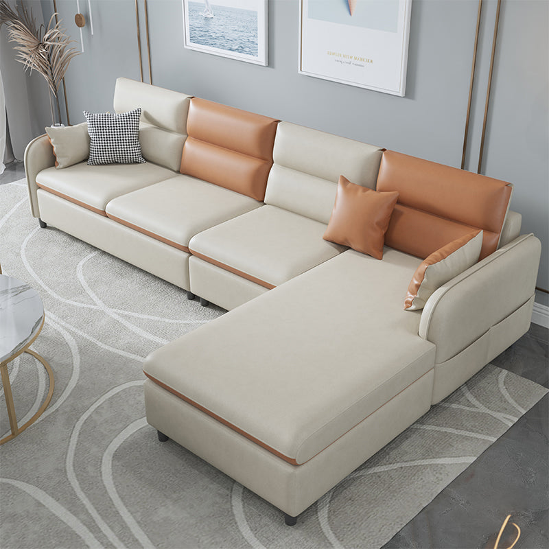 Contemporary Faux Leather Square Arm Sofa with Bolster Pillows, Stain Resistant Orange White Clearhalo 'furn' 'furn_sectionals' 'Furniture' 'furniture_sectionals' 'kitchen' 'kitchen_sectionals' 'Living Room Furniture' 'Sectionals' 4774140