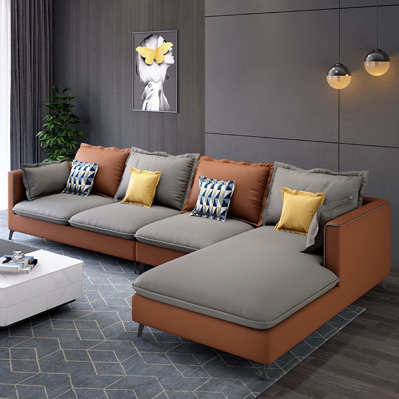 129.92" D x 70.86" W x 35.43" H Faux Leather Square Arm Sofa with Bolster Pillows Orange-Gray Clearhalo 'furn' 'furn_sectionals' 'Furniture' 'furniture_sectionals' 'kitchen' 'kitchen_sectionals' 'Living Room Furniture' 'Sectionals' 4774152