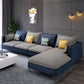 129.92" D x 70.86" W x 35.43" H Faux Leather Square Arm Sofa with Bolster Pillows Gray-Dark Blue Clearhalo 'furn' 'furn_sectionals' 'Furniture' 'furniture_sectionals' 'kitchen' 'kitchen_sectionals' 'Living Room Furniture' 'Sectionals' 4774153