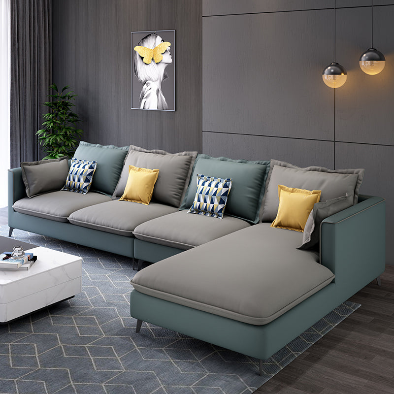 129.92" D x 70.86" W x 35.43" H Faux Leather Square Arm Sofa with Bolster Pillows Light Blue-Grey Clearhalo 'furn' 'furn_sectionals' 'Furniture' 'furniture_sectionals' 'kitchen' 'kitchen_sectionals' 'Living Room Furniture' 'Sectionals' 4774155