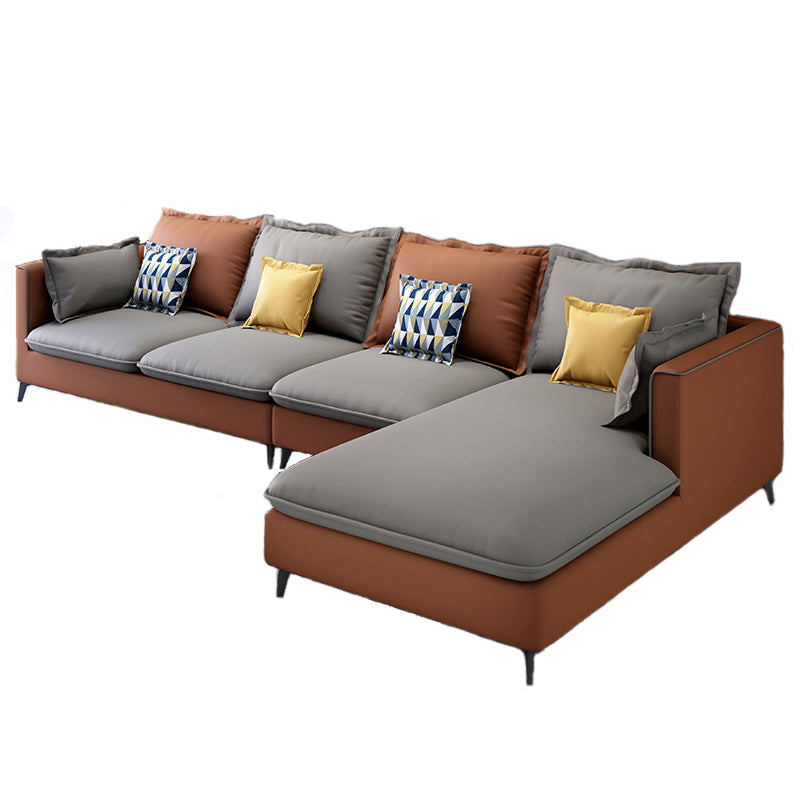 129.92" D x 70.86" W x 35.43" H Faux Leather Square Arm Sofa with Bolster Pillows Orange-Gray Left Sponge Clearhalo 'furn' 'furn_sectionals' 'Furniture' 'furniture_sectionals' 'kitchen' 'kitchen_sectionals' 'Living Room Furniture' 'Sectionals' 4774156