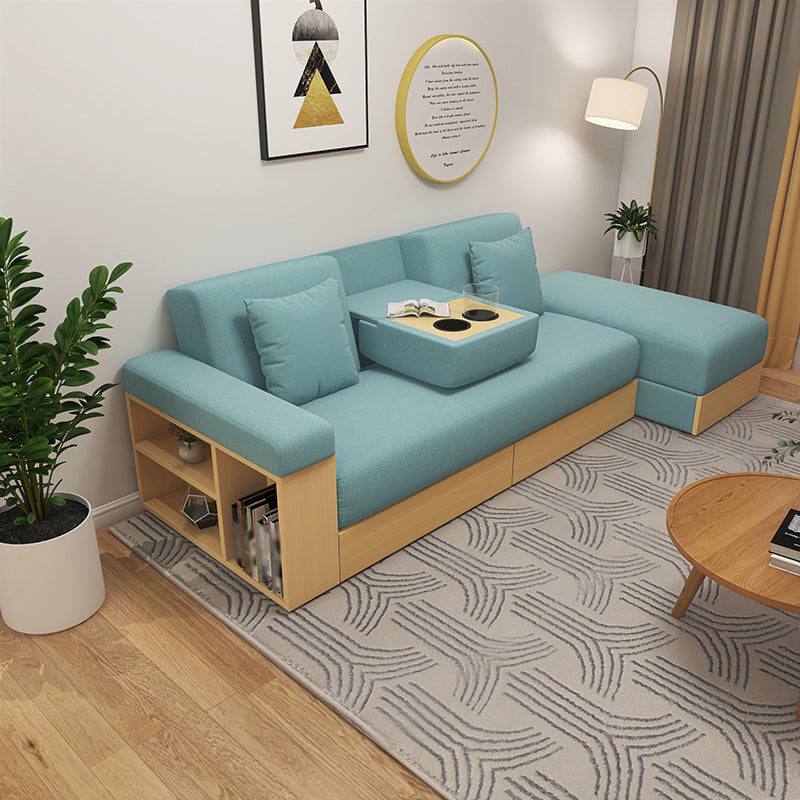 Contemporary Fabric Convertible Sofa Bed 29.53"High Pillow Top Arm Sofa Bed with Storage Sky Blue Clearhalo 'furn' 'furn_sectionals' 'Furniture' 'furniture_sectionals' 'kitchen' 'kitchen_sectionals' 'Living Room Furniture' 'Sectionals' 4774189