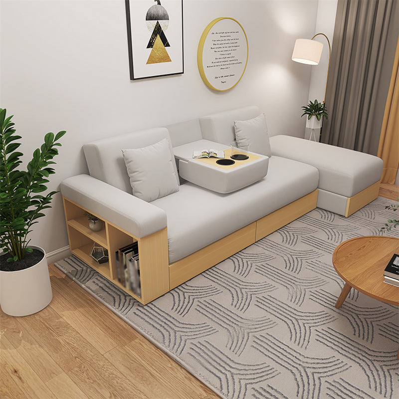 Contemporary Fabric Convertible Sofa Bed 29.53"High Pillow Top Arm Sofa Bed with Storage Off-White Clearhalo 'furn' 'furn_sectionals' 'Furniture' 'furniture_sectionals' 'kitchen' 'kitchen_sectionals' 'Living Room Furniture' 'Sectionals' 4774190