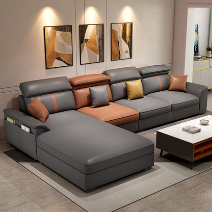 Modern Pillow Top Arm Sofa with Adjustable Bolster Pillows and Storage Bag 110"L x 71"W x 37"H Orange Dark Grey Clearhalo 'furn' 'furn_sectionals' 'Furniture' 'furniture_sectionals' 'kitchen' 'kitchen_sectionals' 'Living Room Furniture' 'Sectionals' 4774193