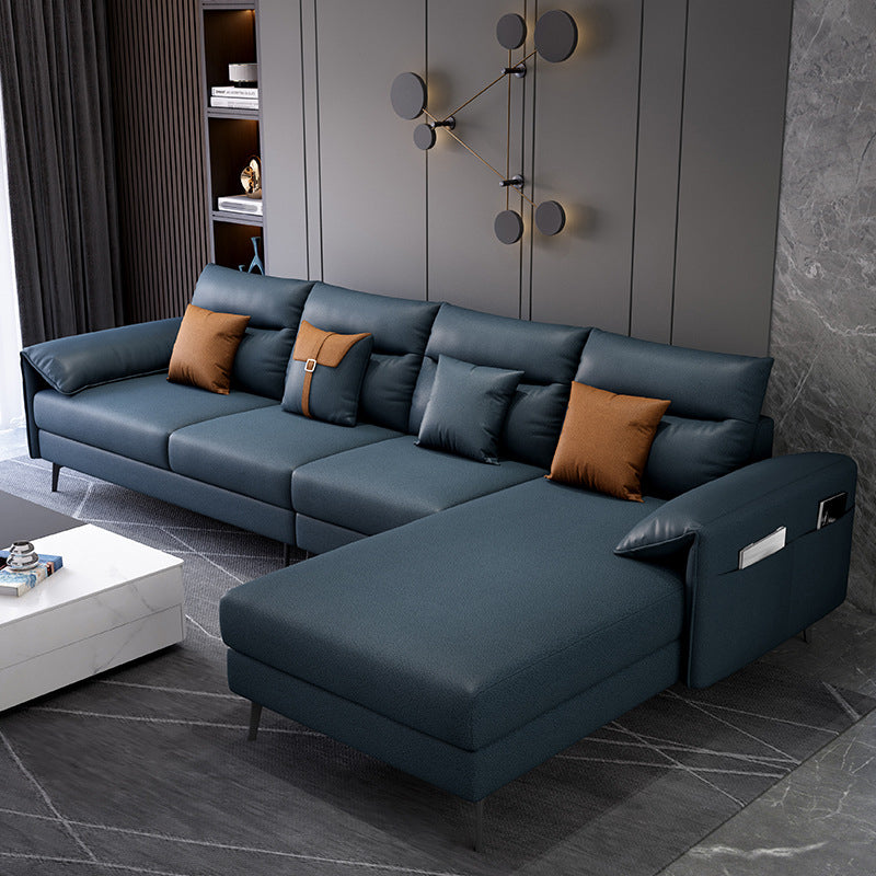 Contemporary Pillow Top Arm Modular Sofa and Chaise with 4 Pillows Dark Blue Clearhalo 'furn' 'furn_sectionals' 'Furniture' 'furniture_sectionals' 'kitchen' 'kitchen_sectionals' 'Living Room Furniture' 'Sectionals' 4774302