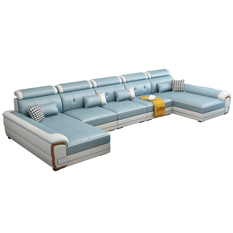 158.26" D x 70.86" W x 31.49" H Pillow Top Arm Sofa with Adjustable Bolster Pillows Blue-Gray Faux Leather Clearhalo 'furn' 'furn_sectionals' 'Furniture' 'furniture_sectionals' 'kitchen' 'kitchen_sectionals' 'Living Room Furniture' 'Sectionals' 4774314