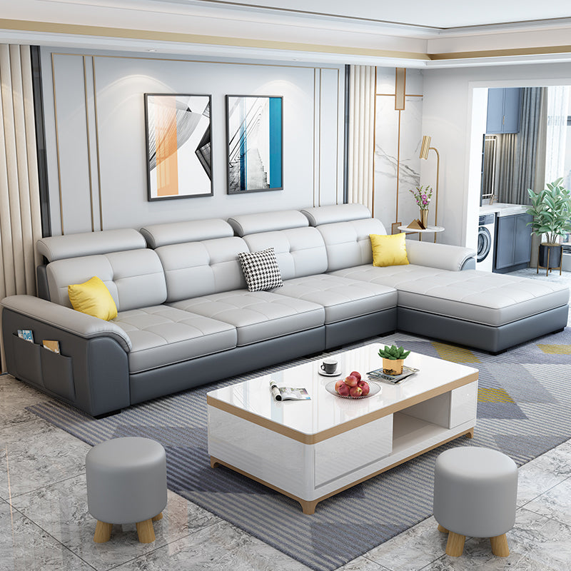 133.07" D x 70.86" W x 35.43" H Pillow Top Arm Sofa with Adjustable Bolster Pillows Dark Grey Light Grey Faux Leather Latex Clearhalo 'furn' 'furn_sectionals' 'Furniture' 'furniture_sectionals' 'kitchen' 'kitchen_sectionals' 'Living Room Furniture' 'Sectionals' 4774319