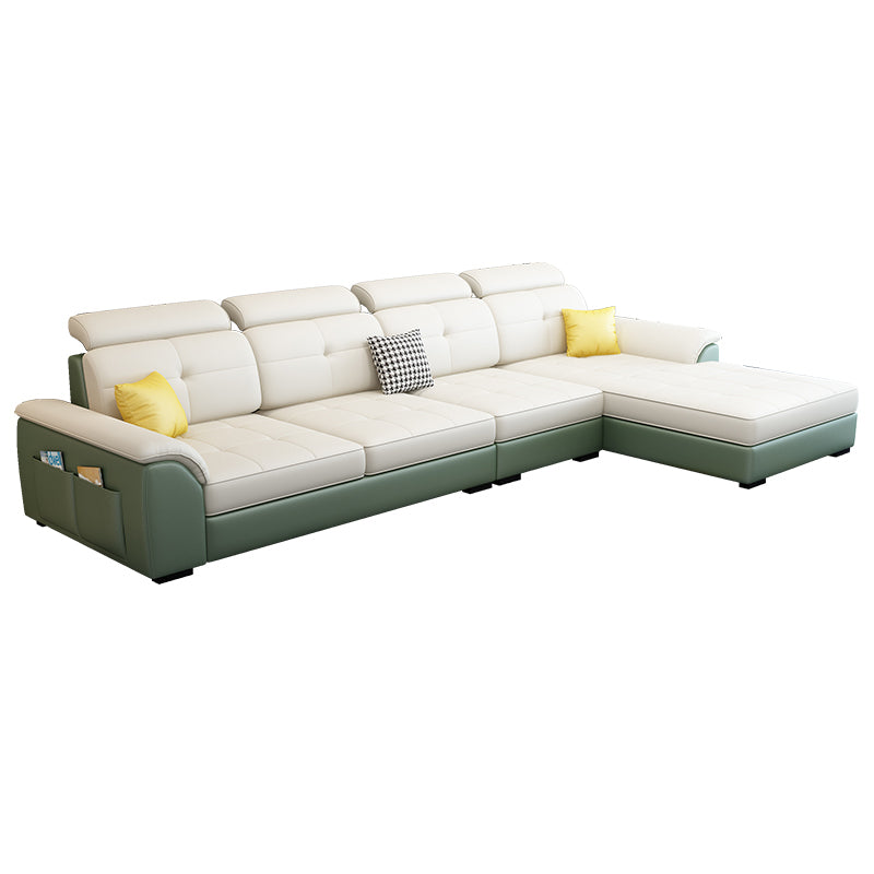 133.07" D x 70.86" W x 35.43" H Pillow Top Arm Sofa with Adjustable Bolster Pillows White Green Faux Leather Clearhalo 'furn' 'furn_sectionals' 'Furniture' 'furniture_sectionals' 'kitchen' 'kitchen_sectionals' 'Living Room Furniture' 'Sectionals' 4774324