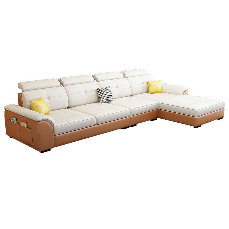 133.07" D x 70.86" W x 35.43" H Pillow Top Arm Sofa with Adjustable Bolster Pillows Orange White Faux Leather Clearhalo 'furn' 'furn_sectionals' 'Furniture' 'furniture_sectionals' 'kitchen' 'kitchen_sectionals' 'Living Room Furniture' 'Sectionals' 4774330