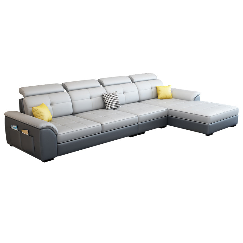 133.07" D x 70.86" W x 35.43" H Pillow Top Arm Sofa with Adjustable Bolster Pillows Dark Grey Light Grey Faux Leather Sponge Clearhalo 'furn' 'furn_sectionals' 'Furniture' 'furniture_sectionals' 'kitchen' 'kitchen_sectionals' 'Living Room Furniture' 'Sectionals' 4774331