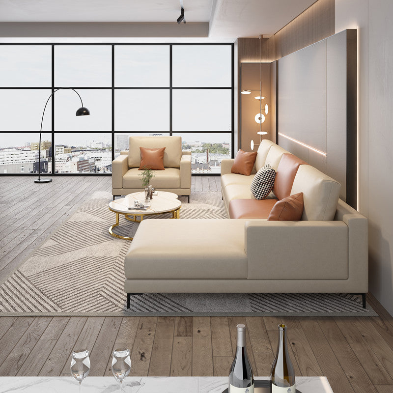 124.01" D x 62.99" W x 35.43" H Faux Leather Square Arm Sofa with Bolster Pillows Clearhalo 'furn' 'furn_sectionals' 'Furniture' 'furniture_sectionals' 'kitchen' 'kitchen_sectionals' 'Living Room Furniture' 'Sectionals' 4774395