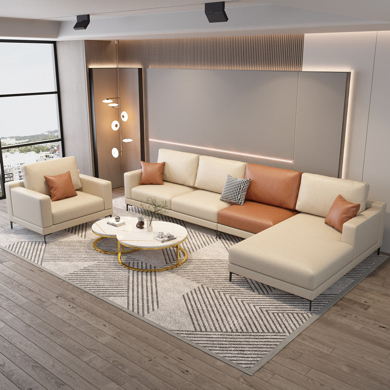 124.01" D x 62.99" W x 35.43" H Faux Leather Square Arm Sofa with Bolster Pillows Clearhalo 'furn' 'furn_sectionals' 'Furniture' 'furniture_sectionals' 'kitchen' 'kitchen_sectionals' 'Living Room Furniture' 'Sectionals' 4774396