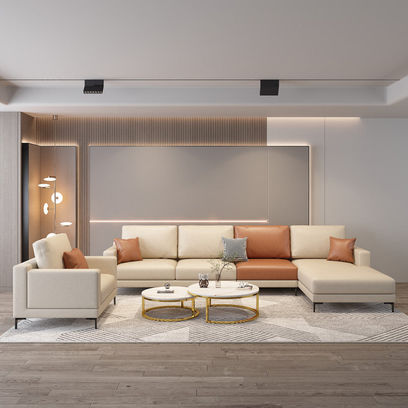 124.01" D x 62.99" W x 35.43" H Faux Leather Square Arm Sofa with Bolster Pillows Clearhalo 'furn' 'furn_sectionals' 'Furniture' 'furniture_sectionals' 'kitchen' 'kitchen_sectionals' 'Living Room Furniture' 'Sectionals' 4774397