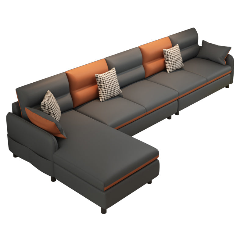 102.36" D x 62.99" W x 29.52" H Stain Resistant Faux Leather Square Arm Sofa Grey Orange Sponge Clearhalo 'furn' 'furn_sectionals' 'Furniture' 'furniture_sectionals' 'kitchen' 'kitchen_sectionals' 'Living Room Furniture' 'Sectionals' 4774435