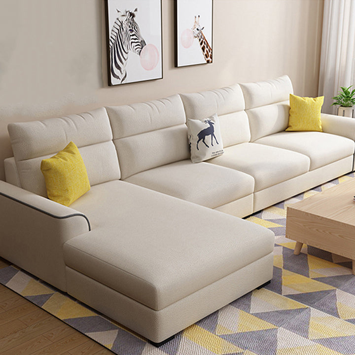 Modular Sewn Pillow Back Bench Seating Recessed Arm Assembled Settee Furniture Off-White Cotton Blend Clearhalo 'furn' 'furn_sectionals' 'Furniture' 'furniture_sectionals' 'kitchen' 'kitchen_sectionals' 'Living Room Furniture' 'Sectionals' 4774475