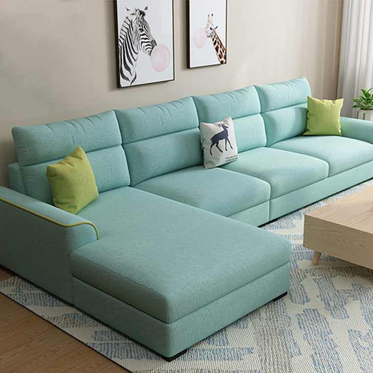 Modular Sewn Pillow Back Bench Seating Recessed Arm Assembled Settee Furniture Light Blue Cotton Blend Clearhalo 'furn' 'furn_sectionals' 'Furniture' 'furniture_sectionals' 'kitchen' 'kitchen_sectionals' 'Living Room Furniture' 'Sectionals' 4774491