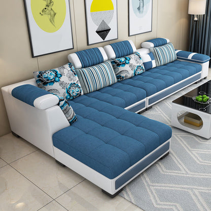 Contemporary Sewn Pillow Back Sofa 138.83"D x 68.9"W x 35.43"H Pillow Top Arm Sofa Blue Clearhalo 'furn' 'furn_sectionals' 'Furniture' 'furniture_sectionals' 'kitchen' 'kitchen_sectionals' 'Living Room Furniture' 'Sectionals' 4774496