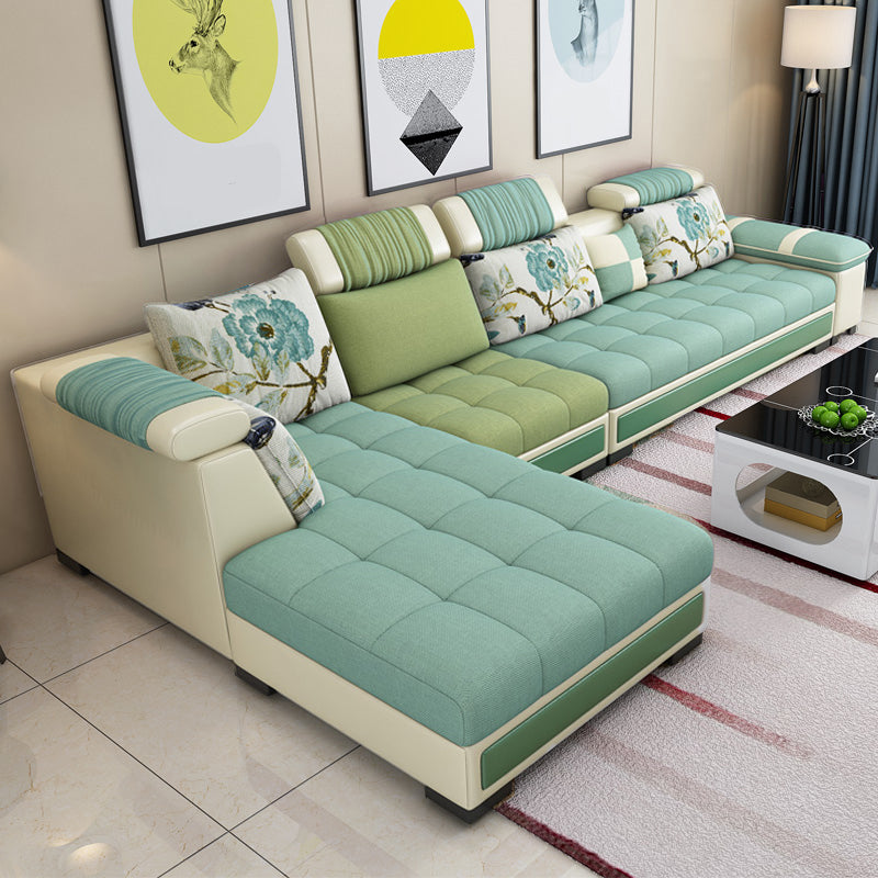 Contemporary Sewn Pillow Back Sofa 138.83"D x 68.9"W x 35.43"H Pillow Top Arm Sofa Mint Green Clearhalo 'furn' 'furn_sectionals' 'Furniture' 'furniture_sectionals' 'kitchen' 'kitchen_sectionals' 'Living Room Furniture' 'Sectionals' 4774499