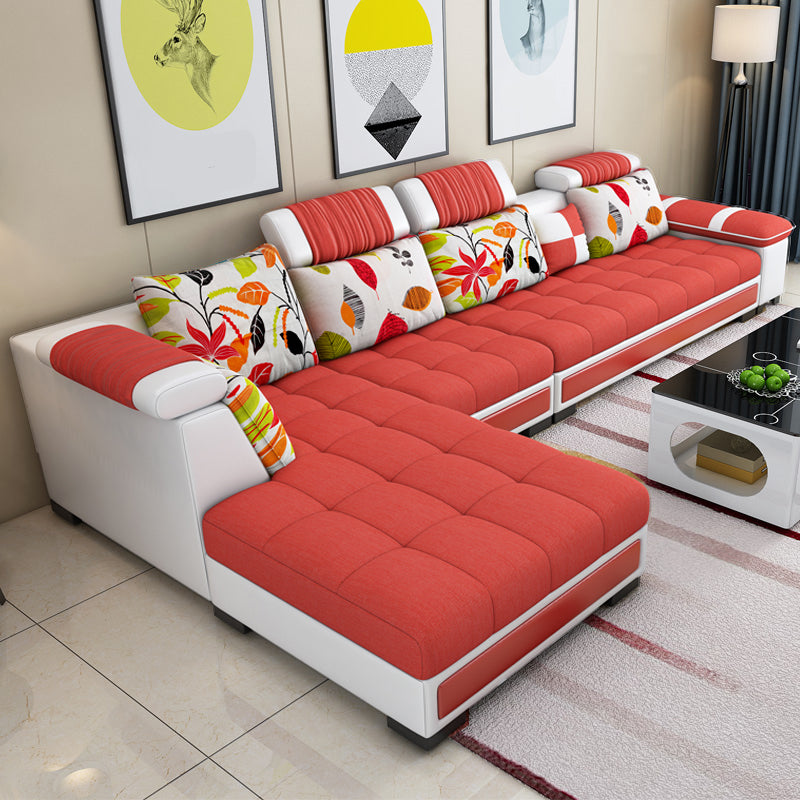 Contemporary Sewn Pillow Back Sofa 138.83"D x 68.9"W x 35.43"H Pillow Top Arm Sofa Orange Red Clearhalo 'furn' 'furn_sectionals' 'Furniture' 'furniture_sectionals' 'kitchen' 'kitchen_sectionals' 'Living Room Furniture' 'Sectionals' 4774500