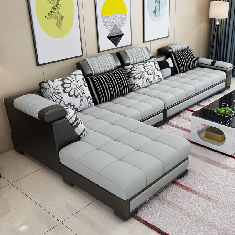 Contemporary Sewn Pillow Back Sofa 138.83"D x 68.9"W x 35.43"H Pillow Top Arm Sofa Gray-White Clearhalo 'furn' 'furn_sectionals' 'Furniture' 'furniture_sectionals' 'kitchen' 'kitchen_sectionals' 'Living Room Furniture' 'Sectionals' 4774506