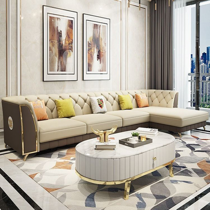 Recessed Arm Tufted Back Furniture Sectionals Pleated Genuine Leather Sectional Sofa Set White-Brown 36''H x 126''L x 71''W Clearhalo 'Furniture' 'furniture_sectionals' 'kitchen' 'kitchen_sectionals' 'Living Room Furniture' 'Sectionals' 4777856