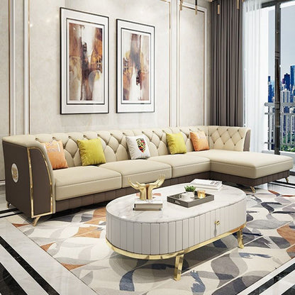 Recessed Arm Tufted Back Sectional Genuine Leather Sofa and Chaise 126"L x 71"W x 36"H White-Brown Clearhalo 'furn' 'furn_sectionals' 'Furniture' 'Living Room Furniture' 'Sectionals' 4777856_56644ebf-66a2-4ac7-be59-4cdc5762eadf